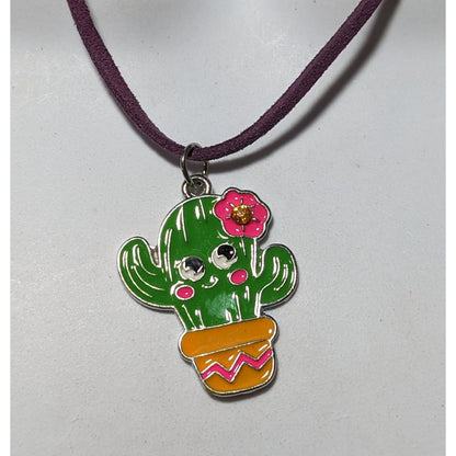 Smiling Bright Cactus Enamel Pendant Necklace