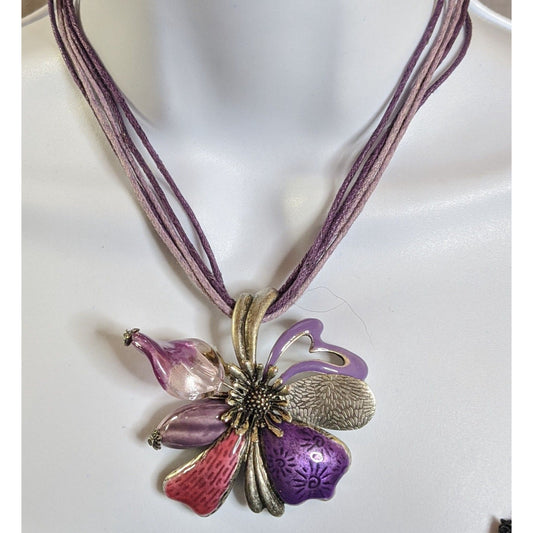 Fairycore Floral  Multi-Layer Purple Cord Necklace With Enamel Flower Pendant