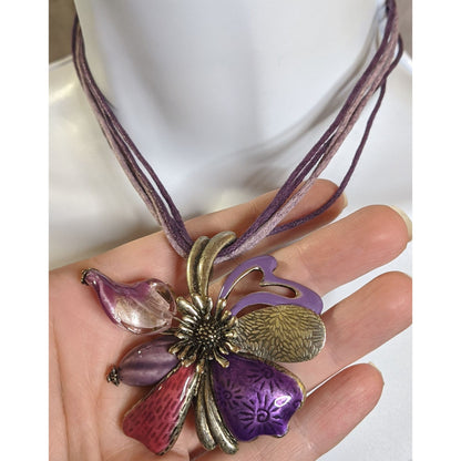 Fairycore Floral  Multi-Layer Purple Cord Necklace With Enamel Flower Pendant