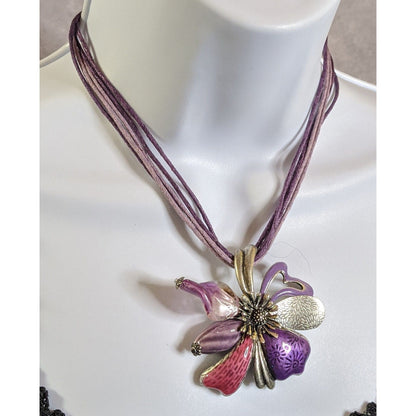 Fairycore Floral  Multi-Layer Purple Cord Necklace With Enamel Flower Pendant