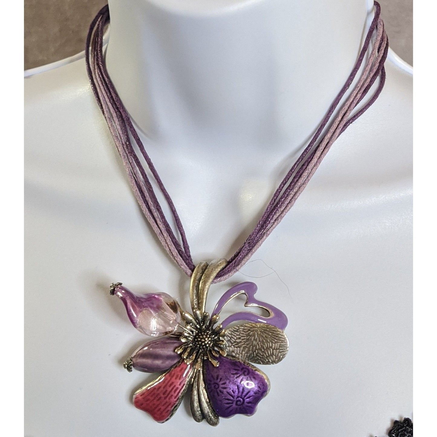 Fairycore Floral  Multi-Layer Purple Cord Necklace With Enamel Flower Pendant