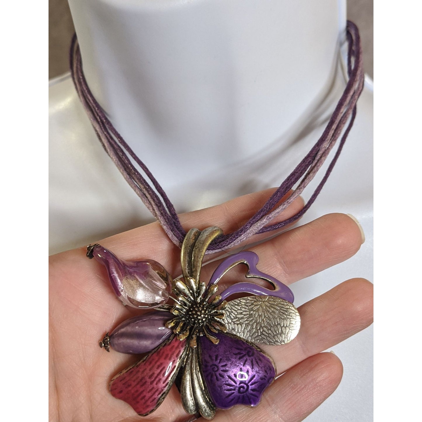 Fairycore Floral  Multi-Layer Purple Cord Necklace With Enamel Flower Pendant