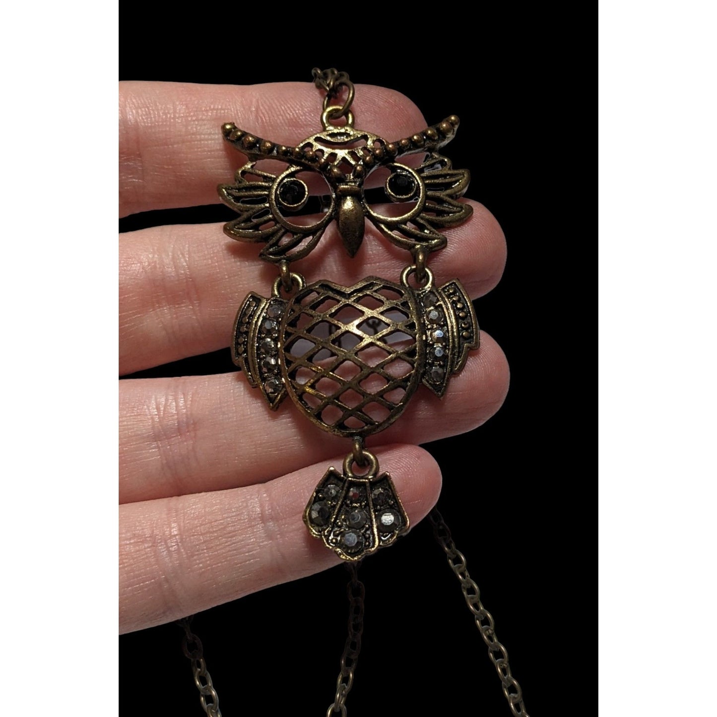 Vintage Brass Owl Pendant Necklace With Rhinestones