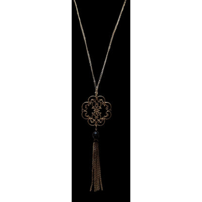 Gold Pressed Floral Bohemian Tassel Necklace