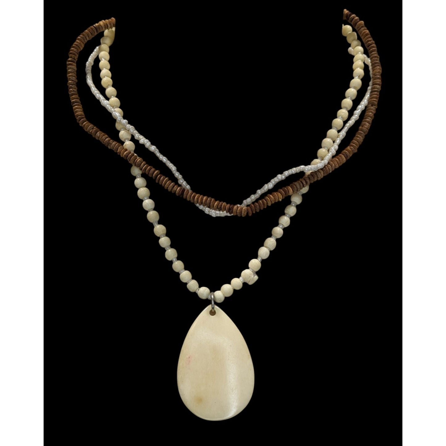 Vintage Boho Multi-Strand Necklace With Cream & Brown Beads Large Teardrop Pendant