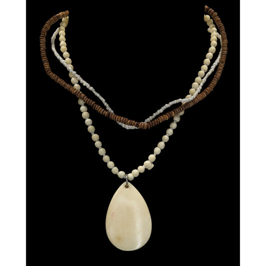 Vintage Boho Multi-Strand Necklace With Cream & Brown Beads Large Teardrop Pendant
