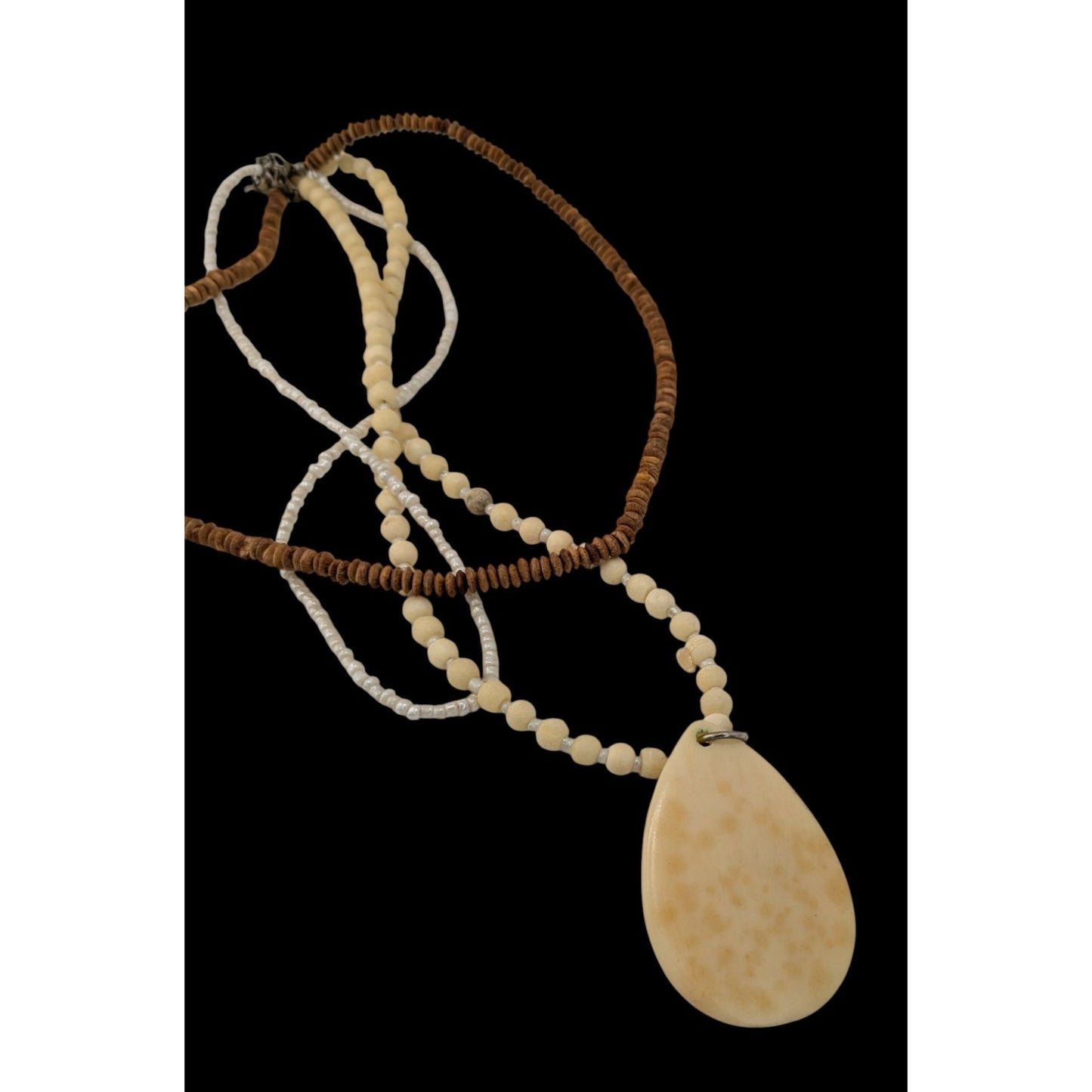 Vintage Boho Multi-Strand Necklace With Cream & Brown Beads Large Teardrop Pendant