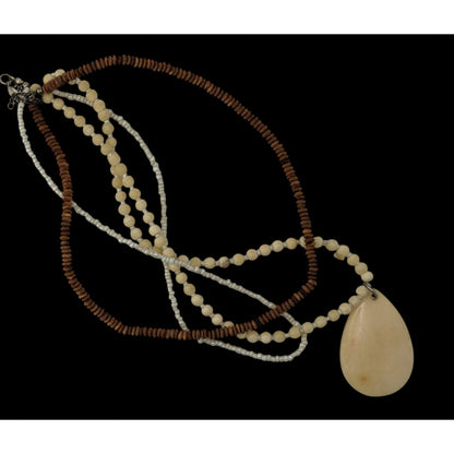 Vintage Boho Multi-Strand Necklace With Cream & Brown Beads Large Teardrop Pendant