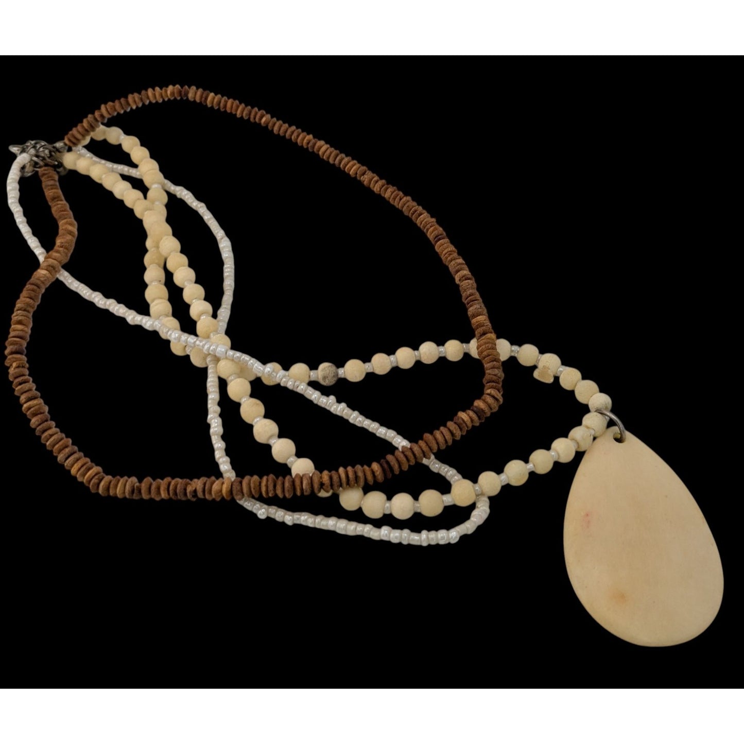 Vintage Boho Multi-Strand Necklace With Cream & Brown Beads Large Teardrop Pendant