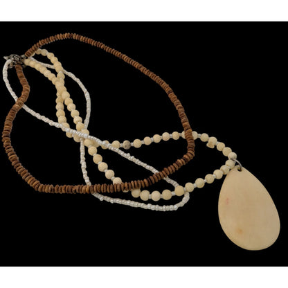 Vintage Boho Multi-Strand Necklace With Cream & Brown Beads Large Teardrop Pendant