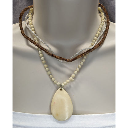 Vintage Boho Multi-Strand Necklace With Cream & Brown Beads Large Teardrop Pendant
