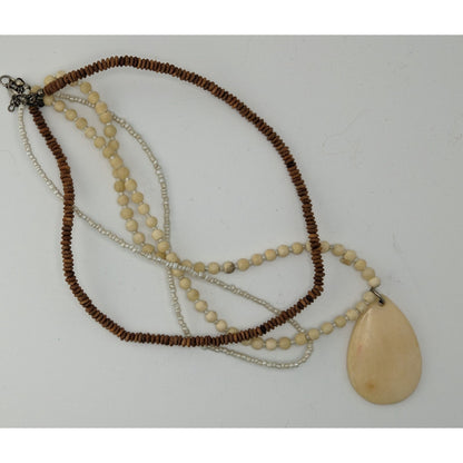 Vintage Boho Multi-Strand Necklace With Cream & Brown Beads Large Teardrop Pendant