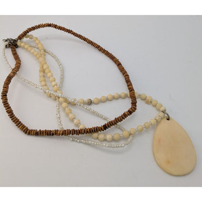 Vintage Boho Multi-Strand Necklace With Cream & Brown Beads Large Teardrop Pendant