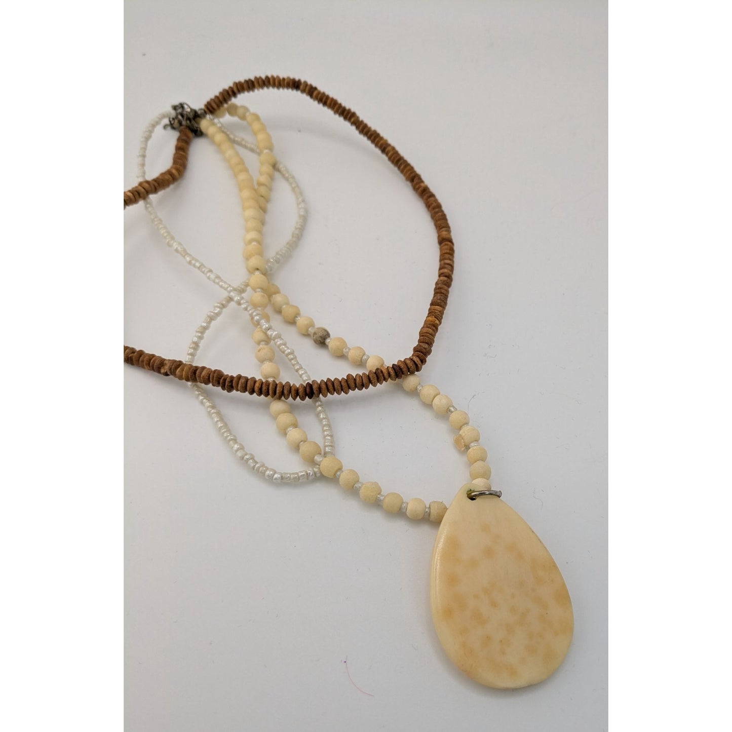 Vintage Boho Multi-Strand Necklace With Cream & Brown Beads Large Teardrop Pendant