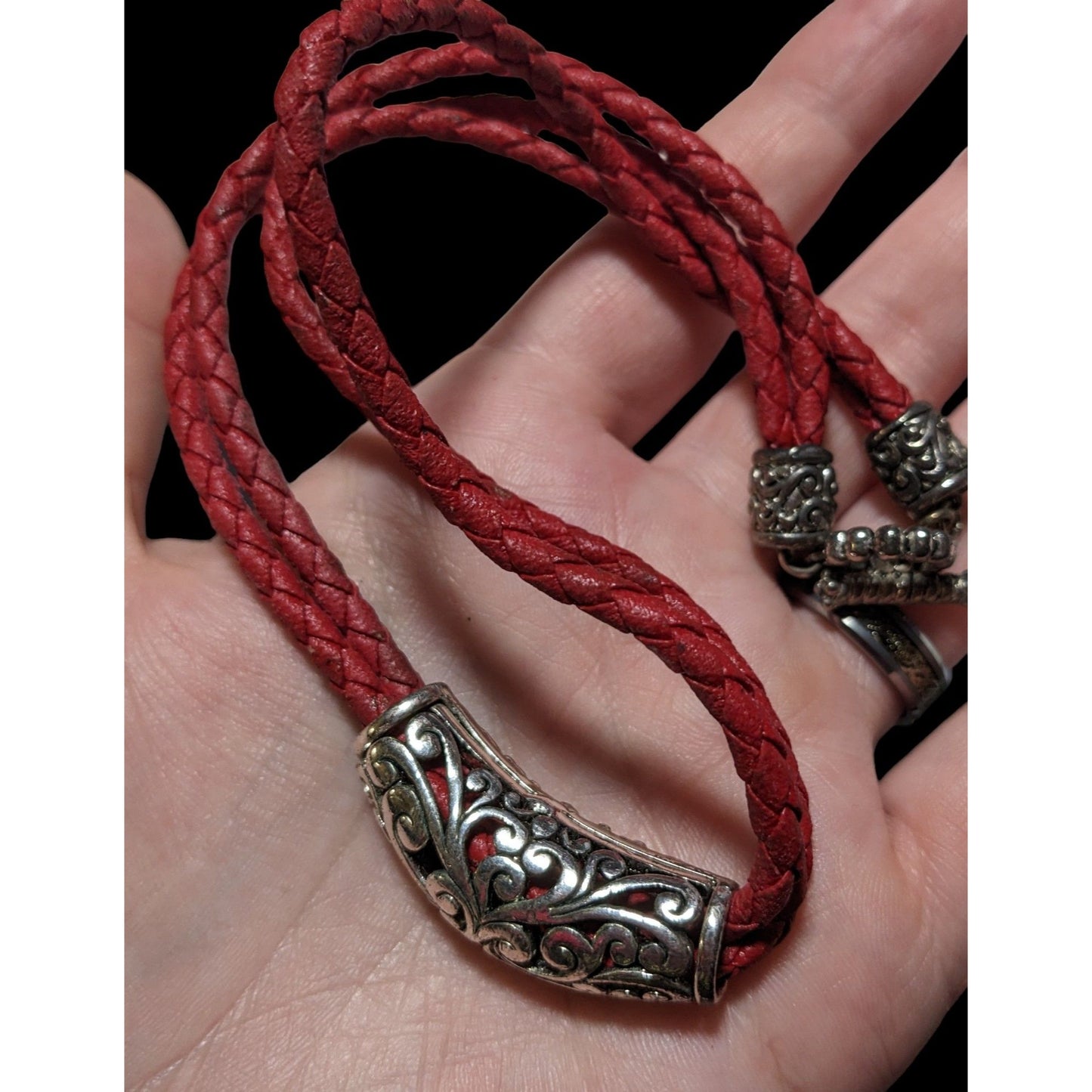 Red And Silver Faux Leather Floral Necklace