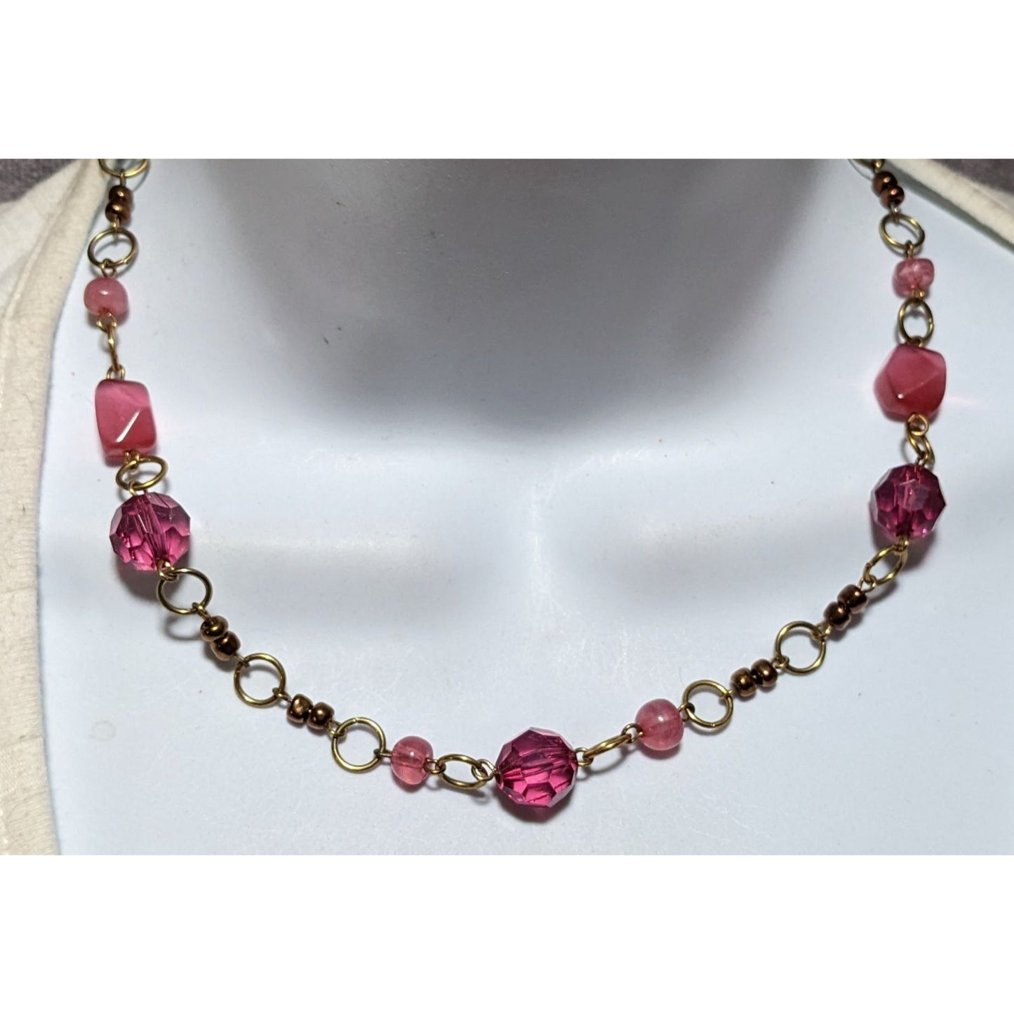 Pink And Gold Abstract Beaded Gem Necklace