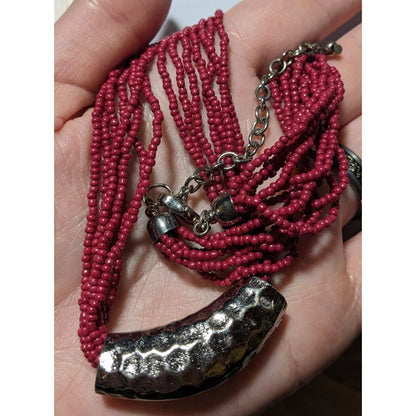 Red And Silver Beaded Multistrand Necklace