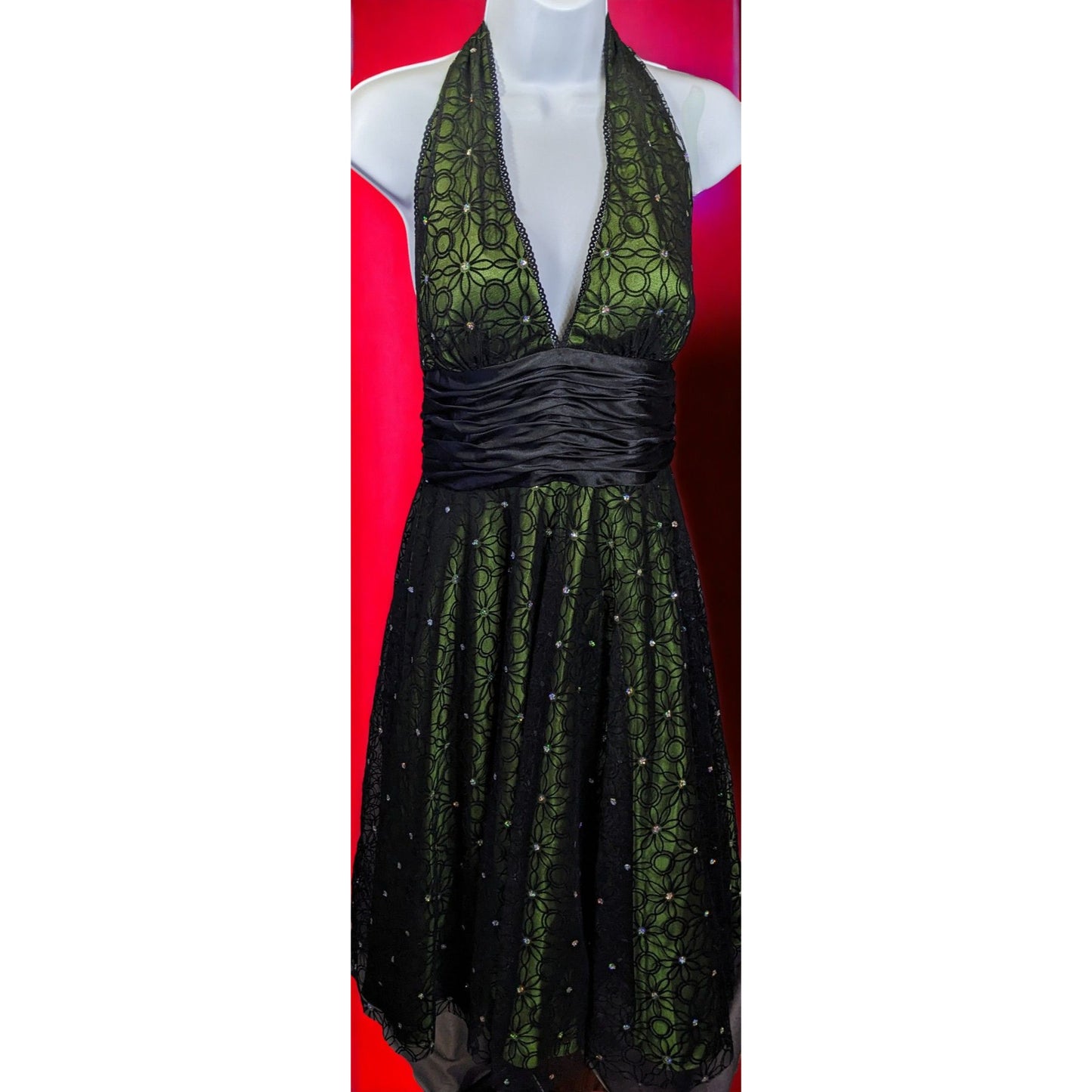 Vintage Adrianna Papell Boutique Green Floral Halter Dress