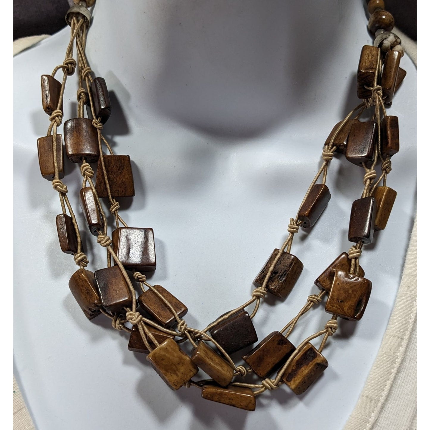 Vintage Rustic Brown Ox Bone Beaded Necklace