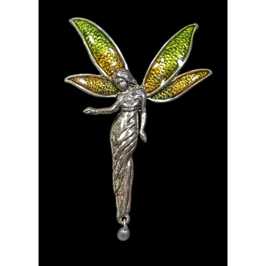 Liz Claiborne Fairycore Silver Tone With Green And Yellow Wing Brooch