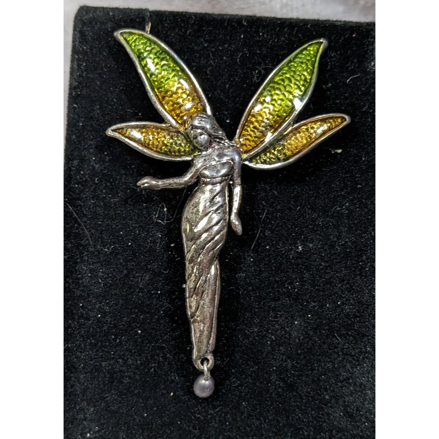 Liz Claiborne Fairycore Silver Tone With Green And Yellow Wing Brooch