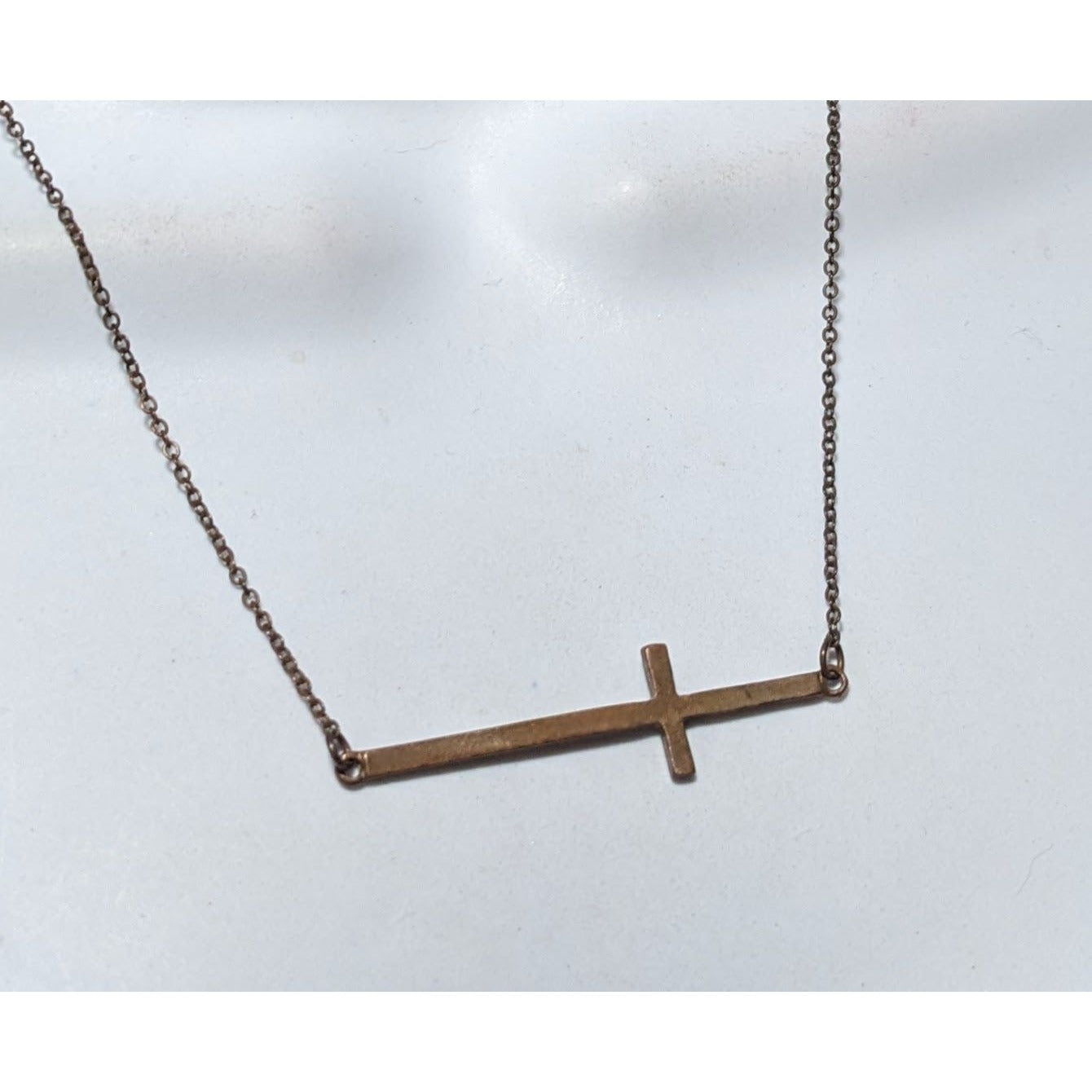 Antiqued Gold Sideways Cross Pendant Necklace