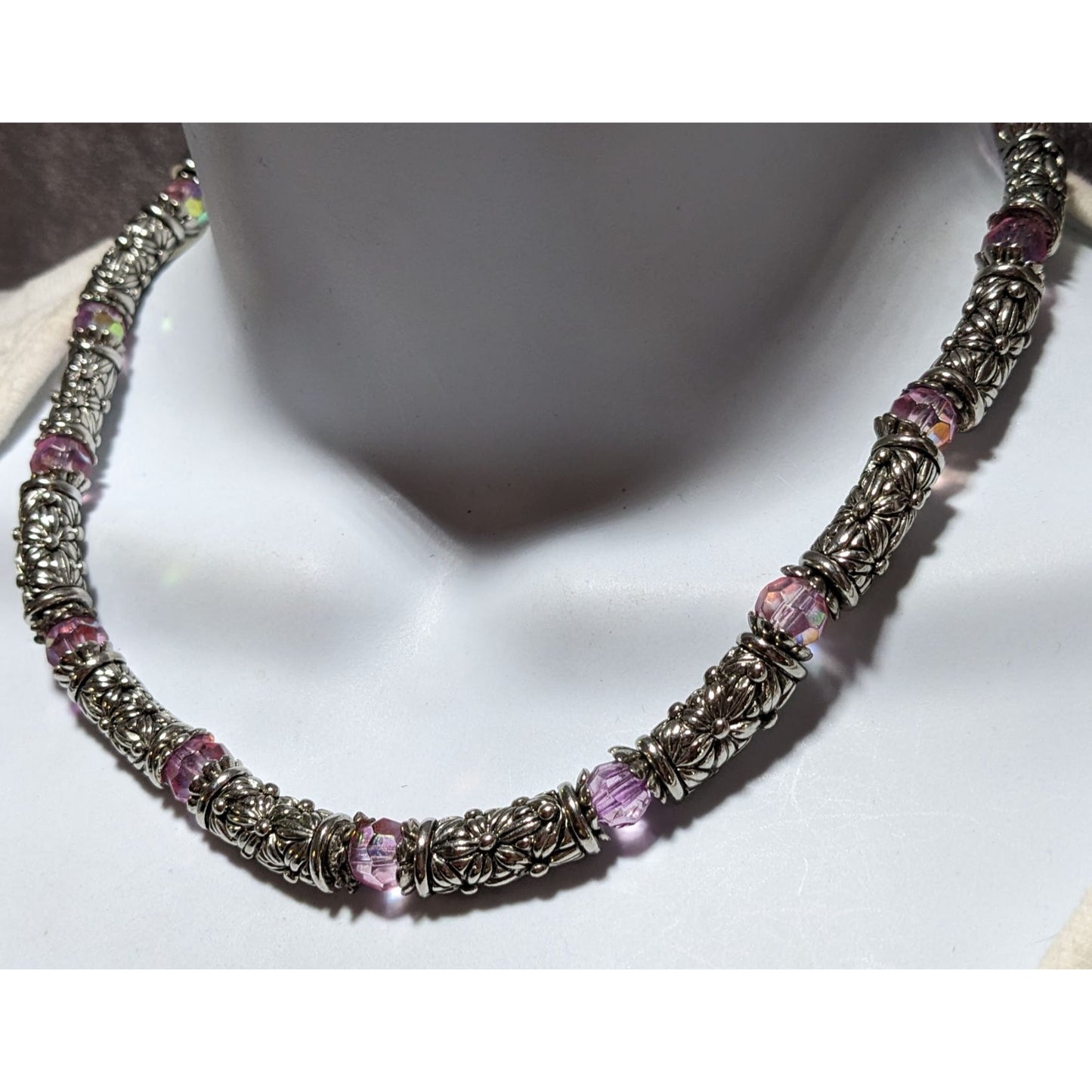Silver Floral Pink Aurora Borealis Necklace