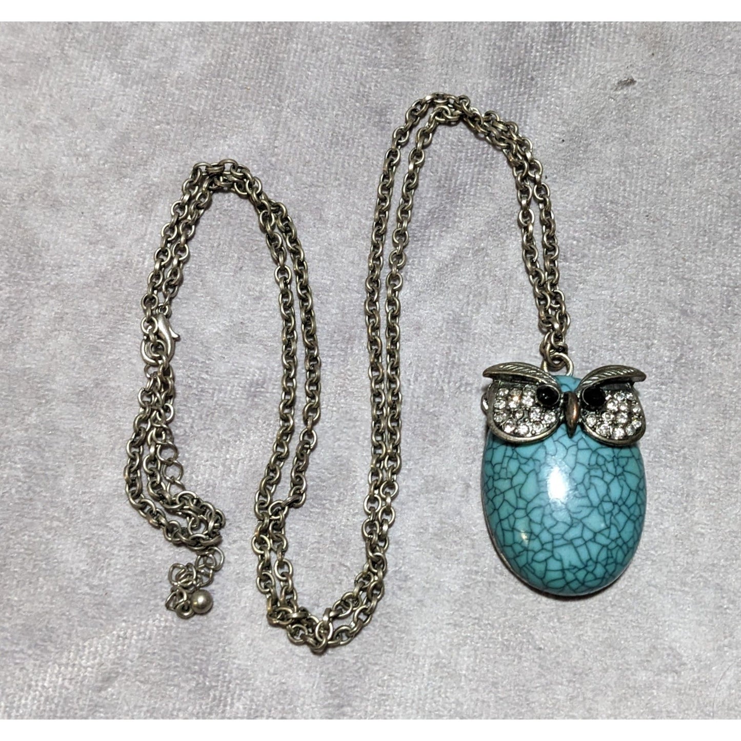 Turquoise Rhinestone Owl Necklace