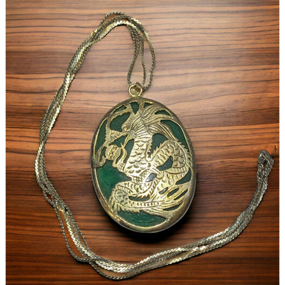 Vintage Green And Gold Japanese Dragon Medallion Necklace