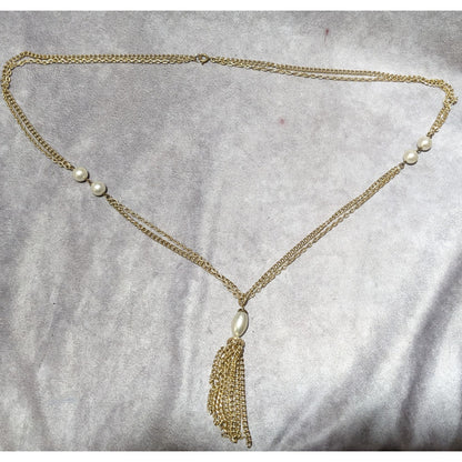 Gold Glam Pearl Beaded Chain Tassel Necklace