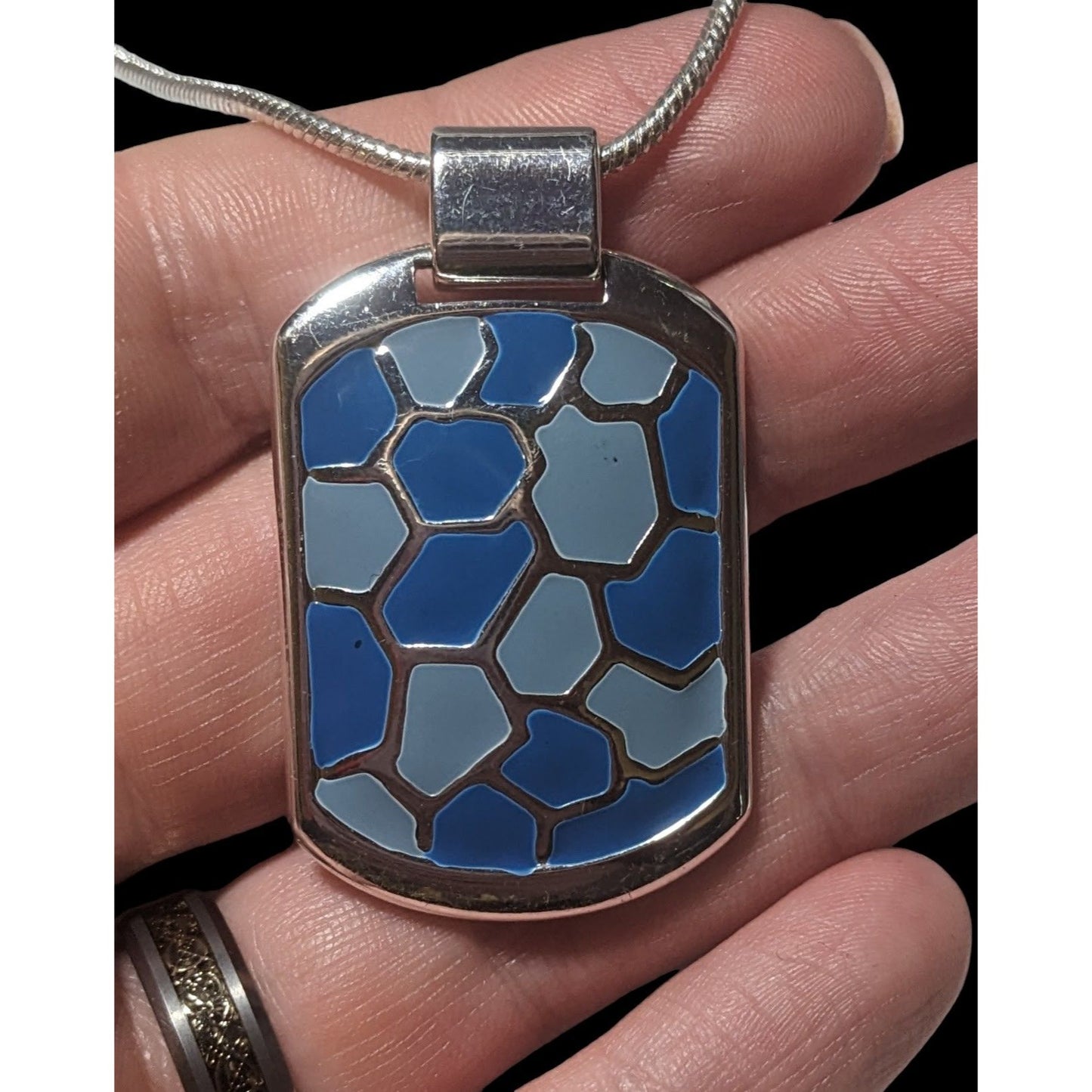 Abstract Blue And Silver Enamel Pendant Necklace