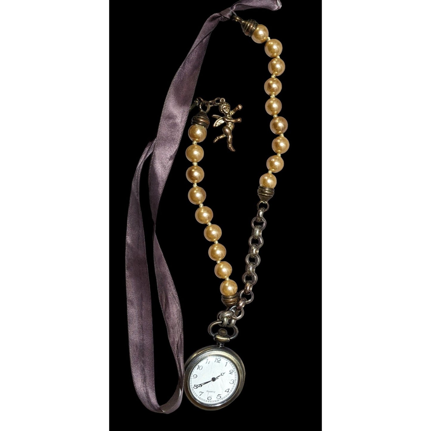 Upcycled Victorian Style Pearl Ribbon Watch Necklace