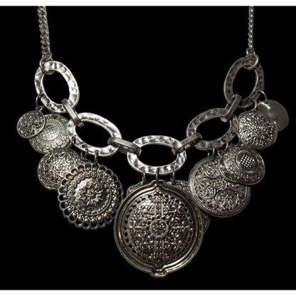 Silver Floral Medallion Embossed Charm Necklace