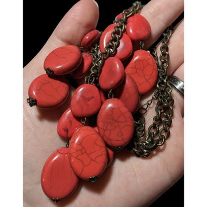 Red Howlite Beaded Fringe Statement Necklace