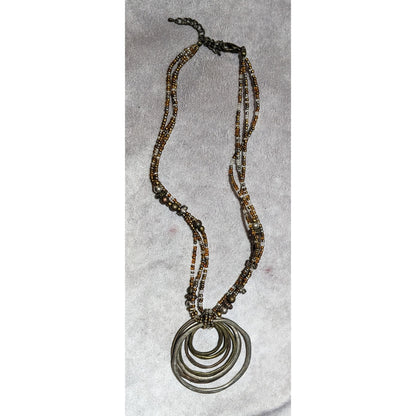 Brutalist Rustic Metallic Beaded Hammered Pendant Necklace