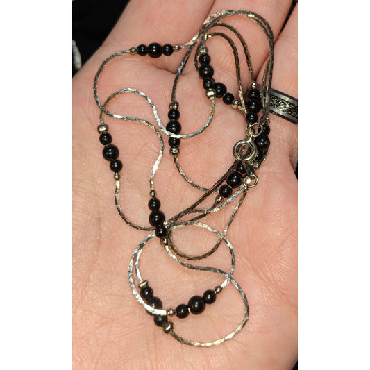 Vintage Black Beaded Necklace With Silver-Tone Chain 28 Inches Made In Korea