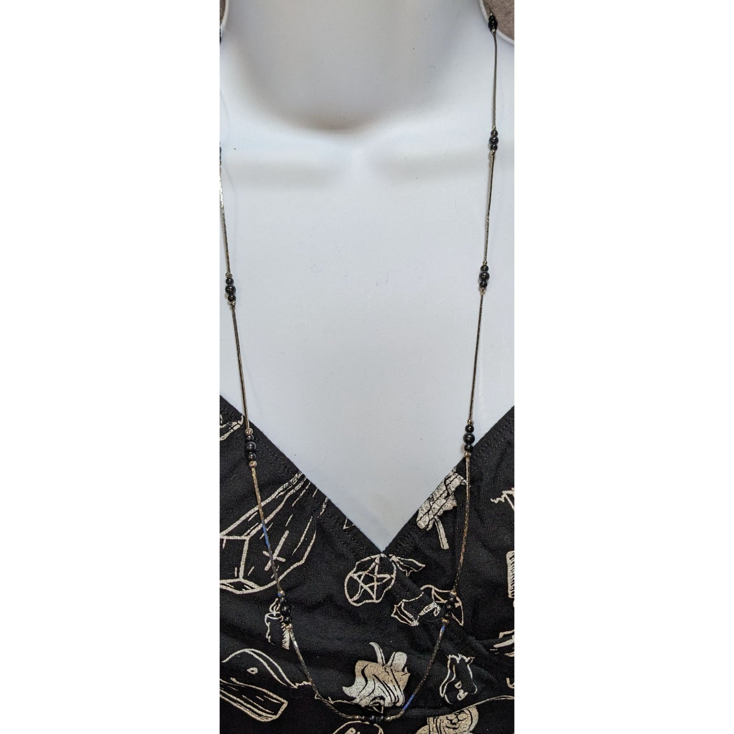 Vintage Black Beaded Necklace With Silver-Tone Chain 28 Inches Made In Korea