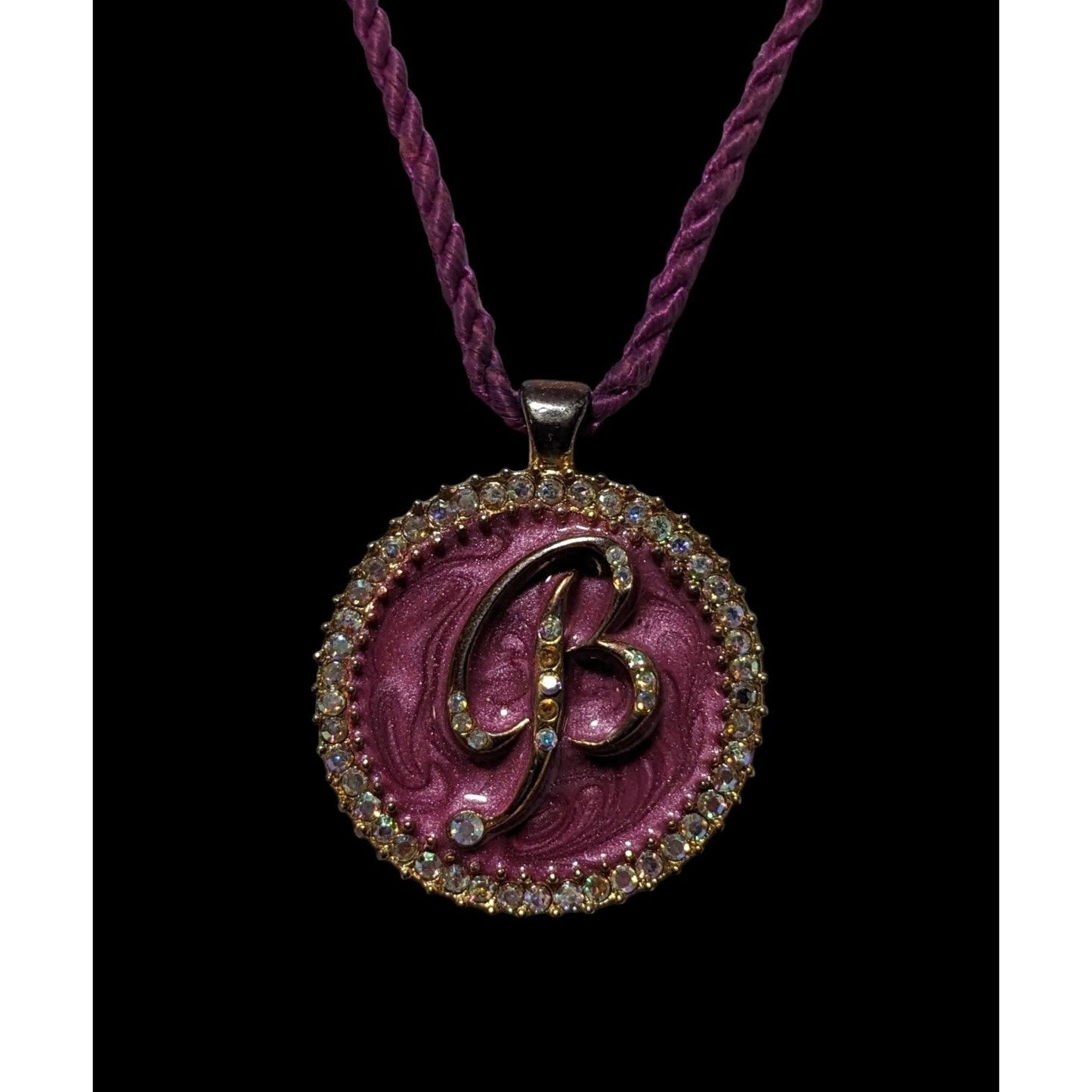 Purple Enamel Rhinestone B Medallion Necklace