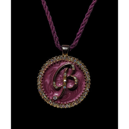 Purple Enamel Rhinestone B Medallion Necklace