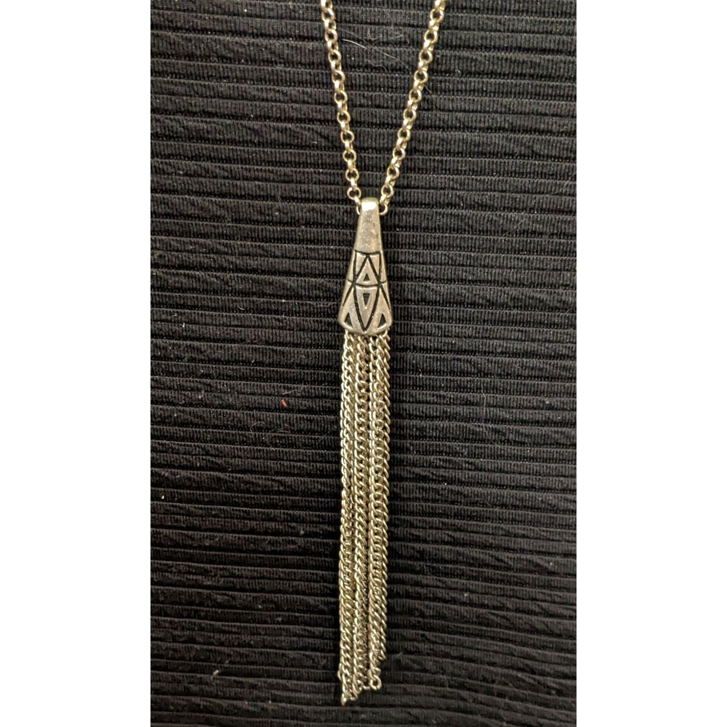 Silver Geometric Engraved Tassel Chain Necklace