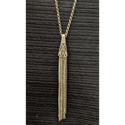 Silver Geometric Engraved Tassel Chain Necklace