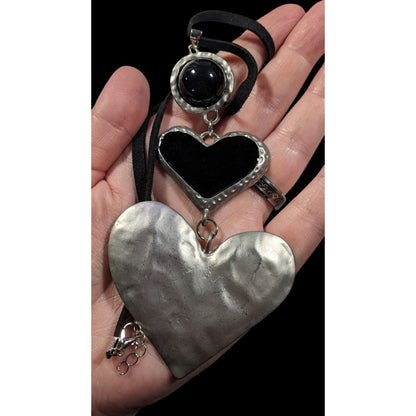 Gothic Heart Silver Tone And Black Graduated Pendant Necklace