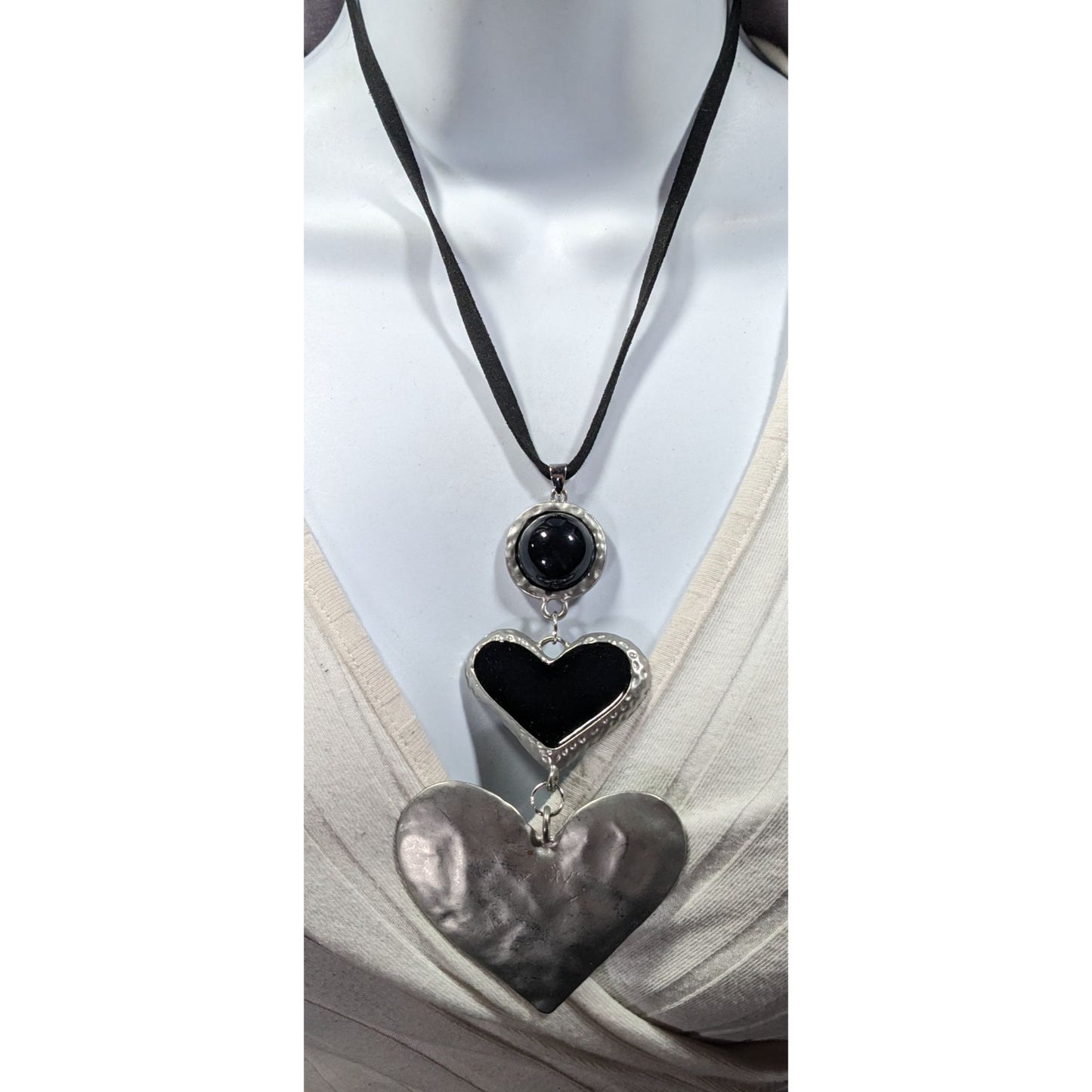 Gothic Heart Silver Tone And Black Graduated Pendant Necklace