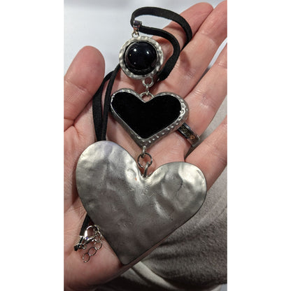 Gothic Heart Silver Tone And Black Graduated Pendant Necklace