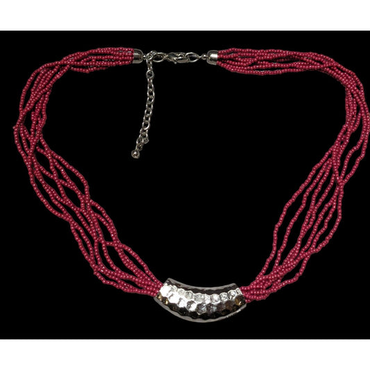 Red And Silver Beaded Multistrand Necklace