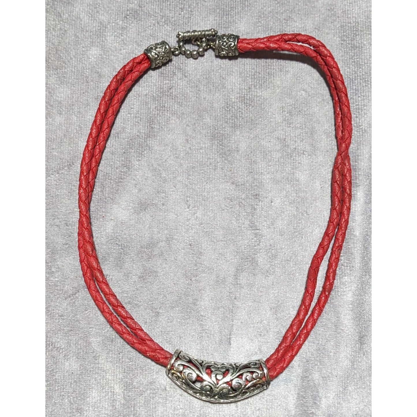 Red And Silver Faux Leather Floral Necklace