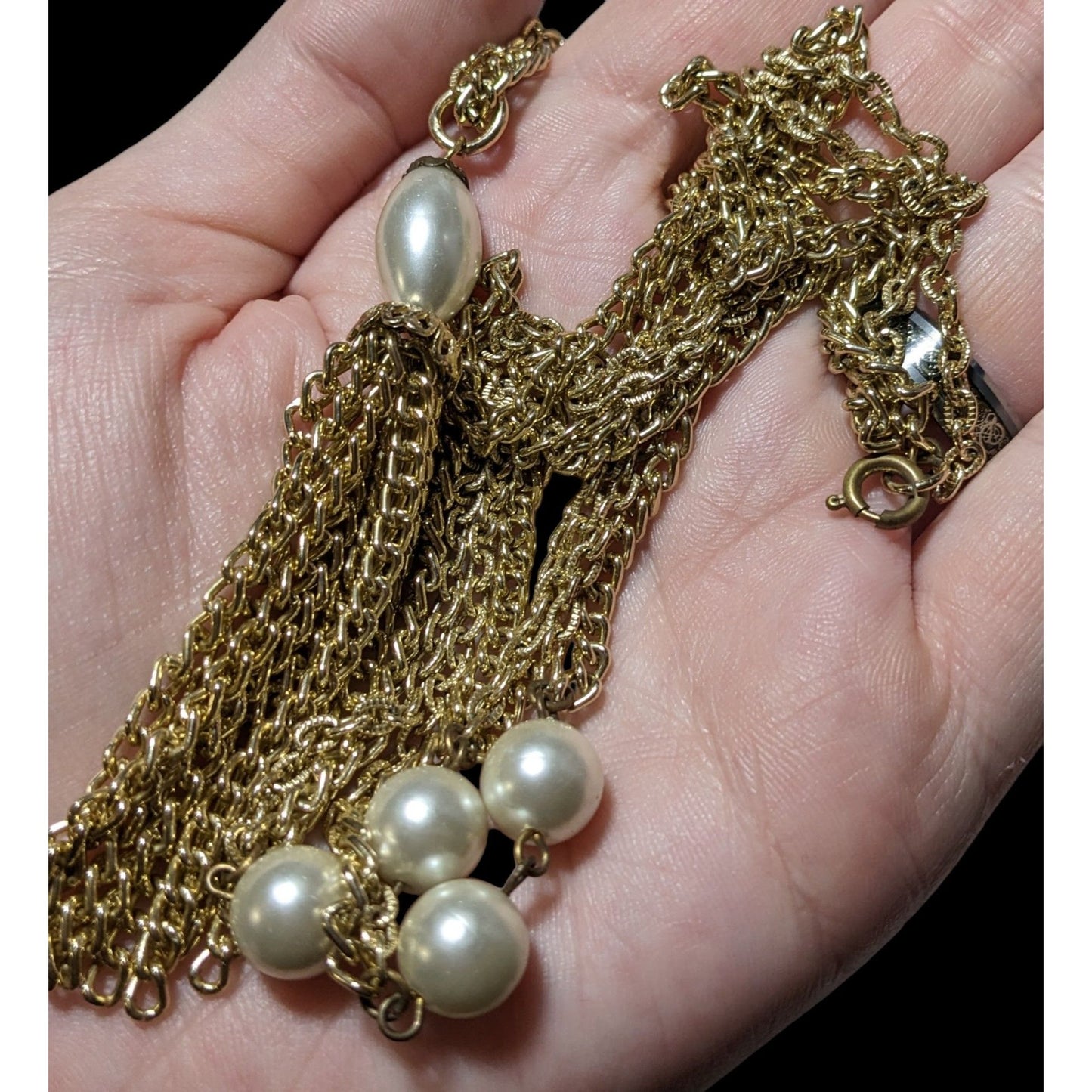 Gold Glam Pearl Beaded Chain Tassel Necklace