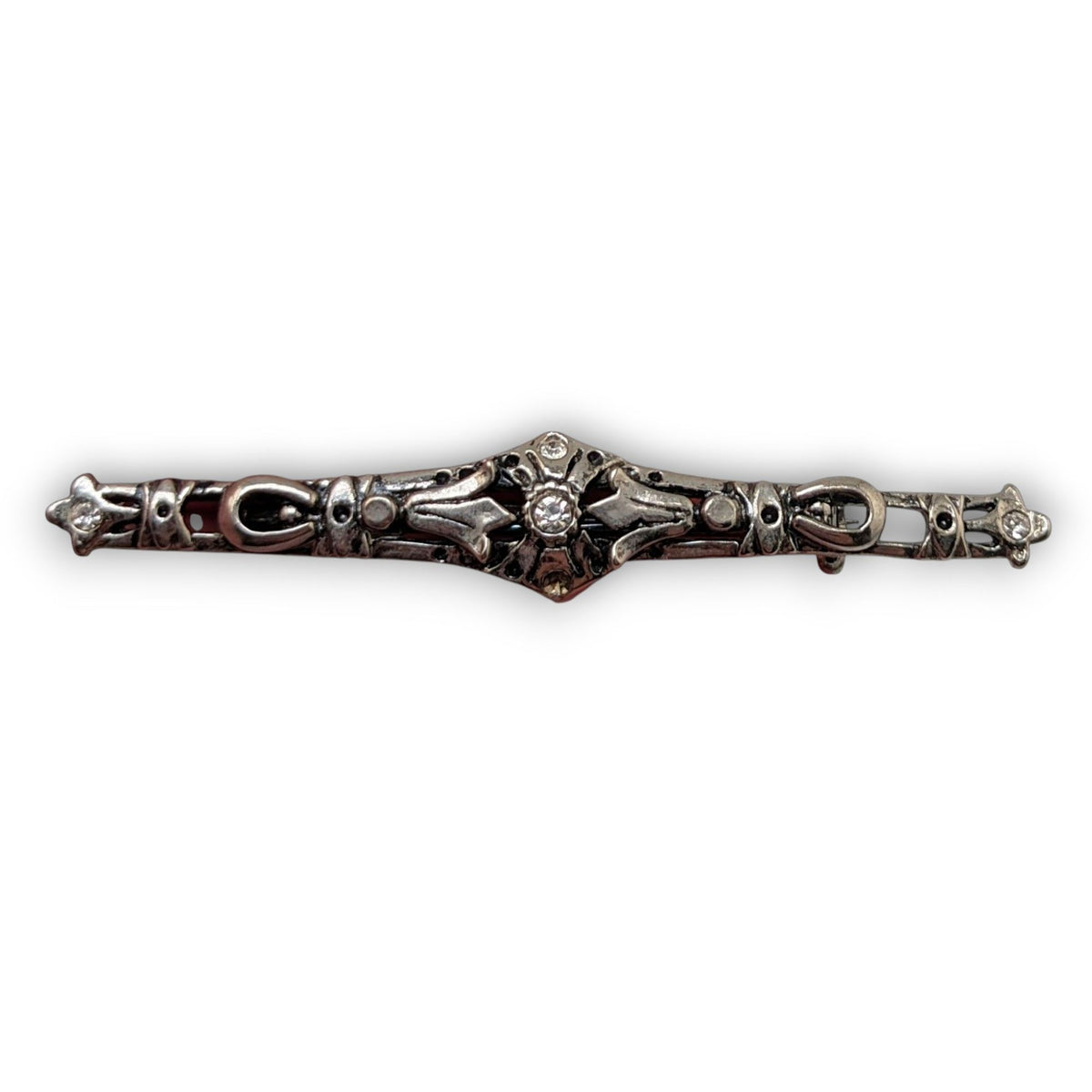 Vintage Art Deco Rhinestone Silver Tone Horseshoe Bar Brooch 2 1/2 Inch