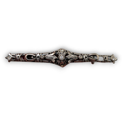 Vintage Art Deco Rhinestone Silver Tone Horseshoe Bar Brooch 2 1/2 Inch