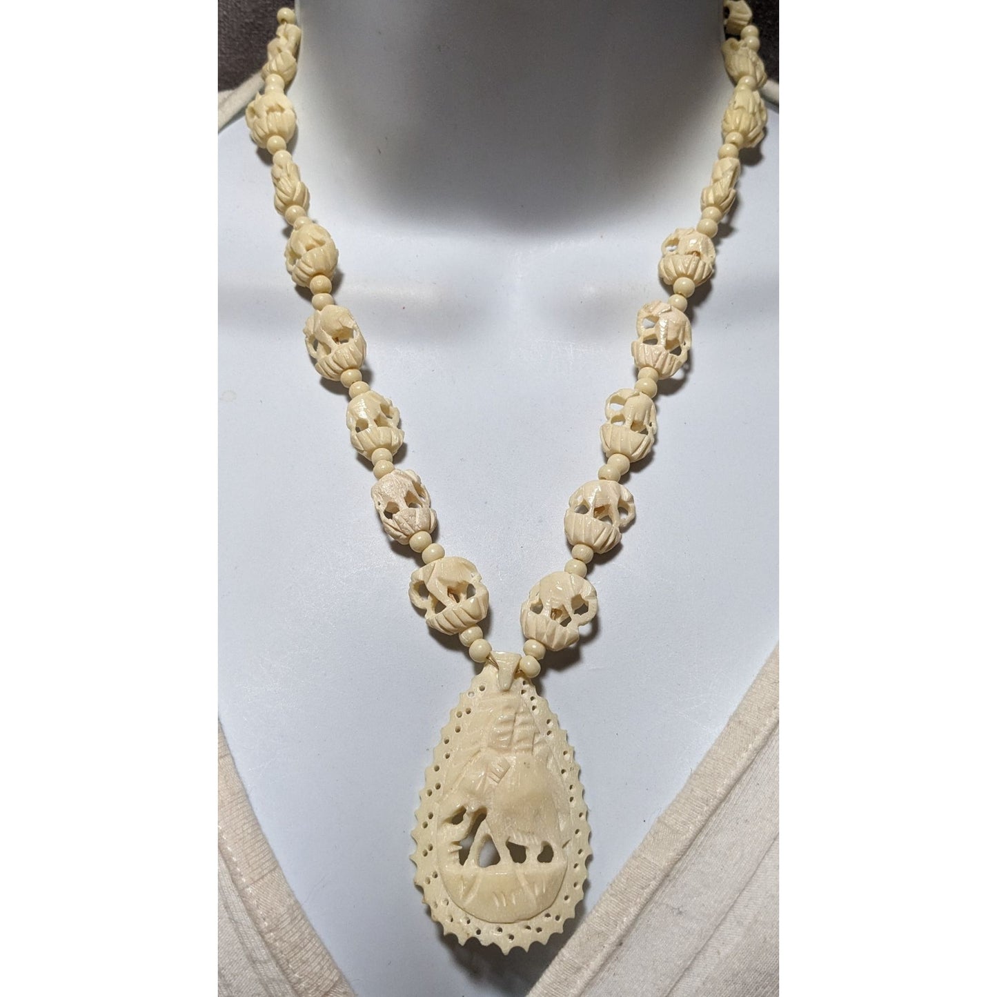 Vintage Bovine Bone Carved Elephant Necklace